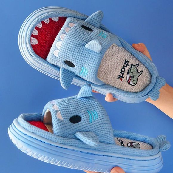 JAWS Blue Shark Slippers | Women Kids Cotton Home Indoor Shoes Winter - Picture 3 of 8